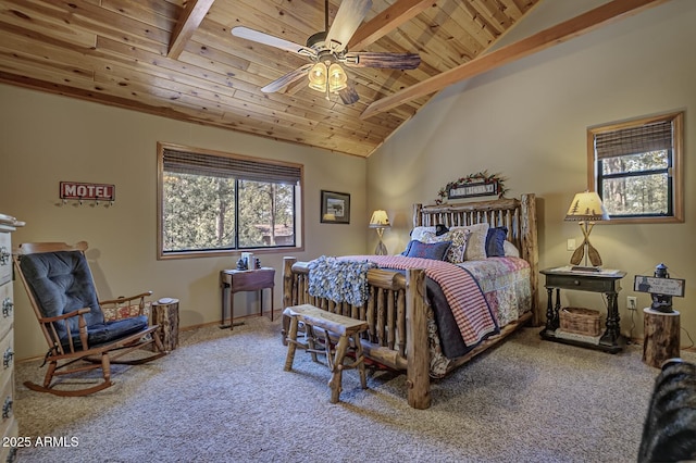 bedroom with carpet floors, wood ceiling, ceiling fan, and vaulted ceiling