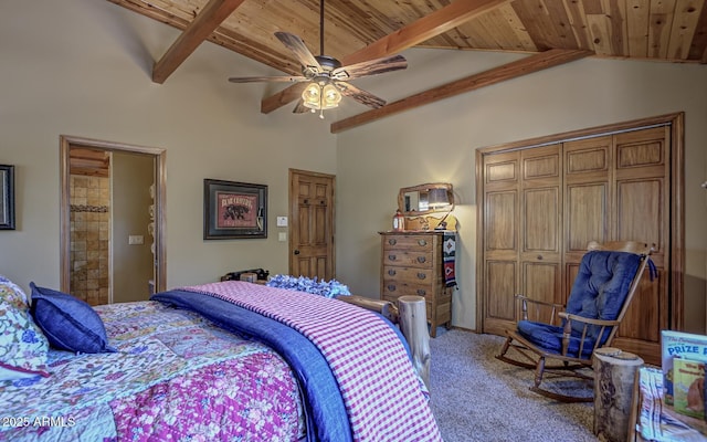 bedroom with carpet floors, beam ceiling, ceiling fan, a closet, and wooden ceiling