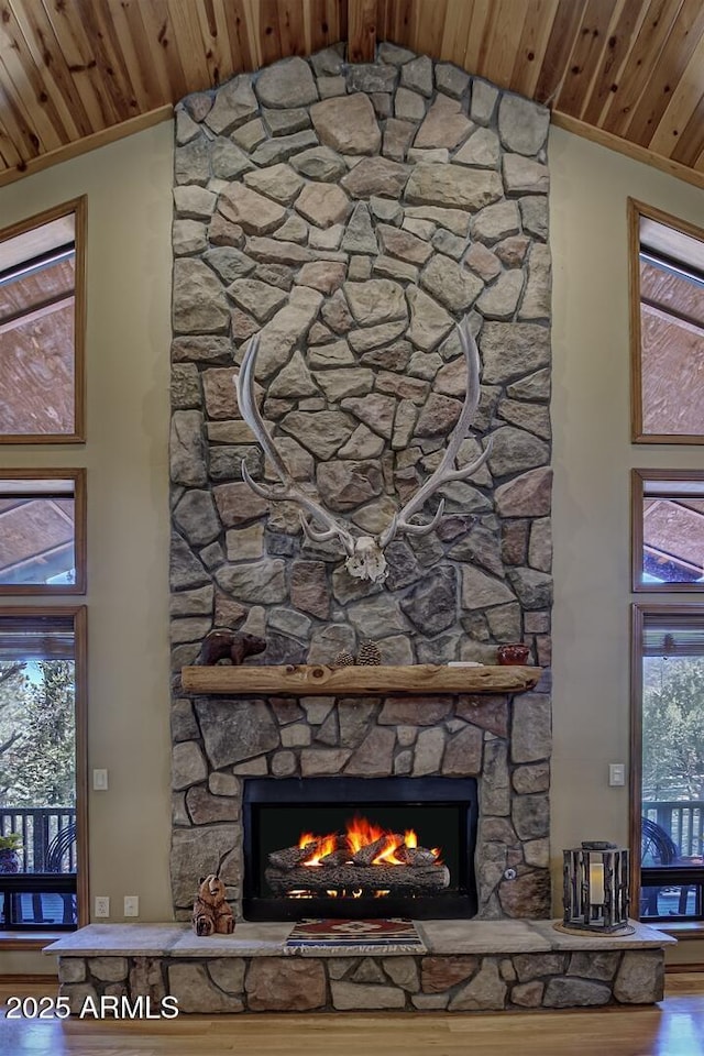 interior details featuring a stone fireplace and wood finished floors