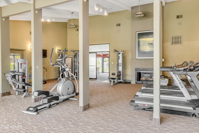 exercise room featuring carpet floors, track lighting, and a high ceiling