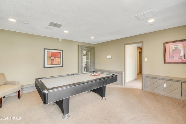 rec room featuring light colored carpet and billiards