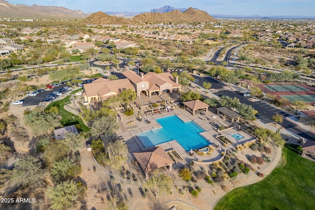 birds eye view of property with a residential view and a mountain view