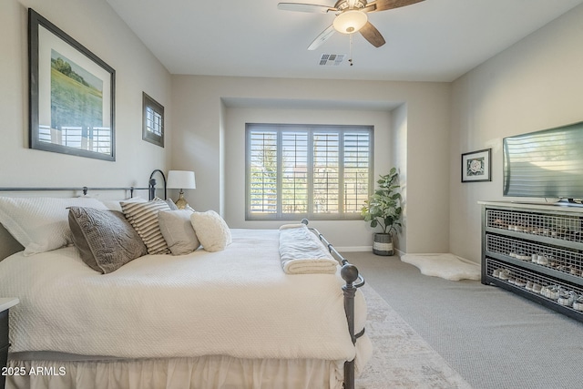 bedroom featuring carpet, visible vents, ceiling fan, and baseboards