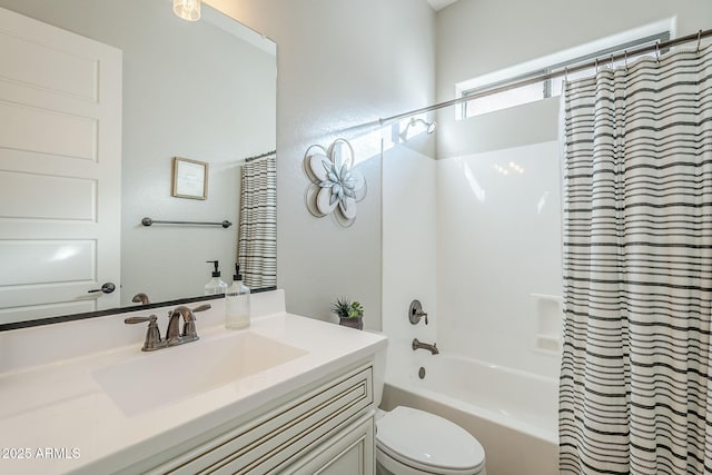 bathroom with toilet, shower / bath combination with curtain, and vanity