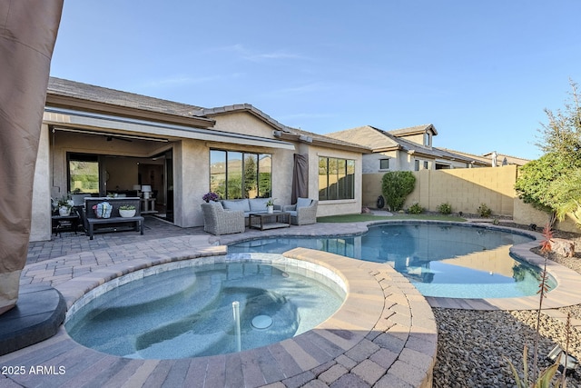 view of pool with a fenced in pool, a patio, outdoor lounge area, fence, and an in ground hot tub