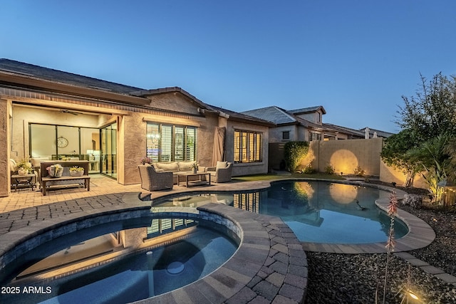 view of swimming pool featuring a fenced in pool, a patio, a fenced backyard, an in ground hot tub, and outdoor lounge area