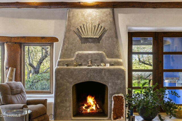 living area with a fireplace