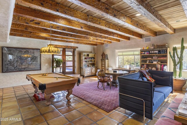 playroom featuring plenty of natural light, wooden ceiling, billiards, and beam ceiling