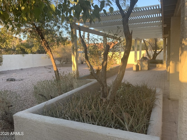 view of yard with a pergola and a patio