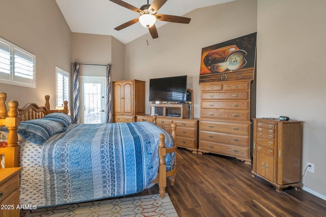 bedroom with a ceiling fan, dark wood-style flooring, and high vaulted ceiling