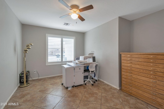 home office with light tile patterned floors, visible vents, baseboards, and ceiling fan