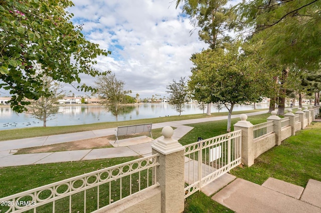 exterior space with a water view