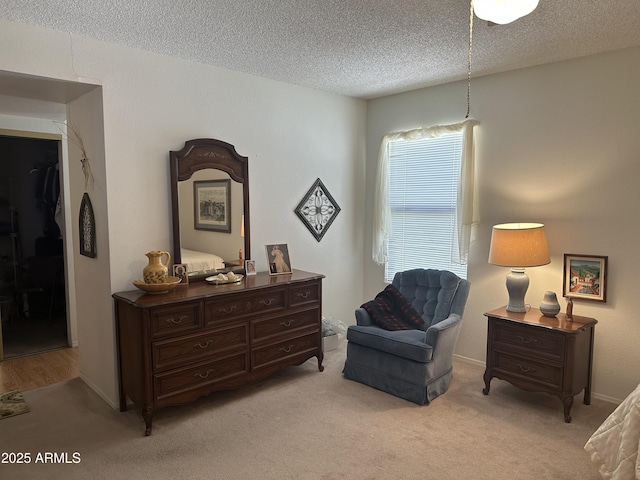 living area with light carpet and a textured ceiling