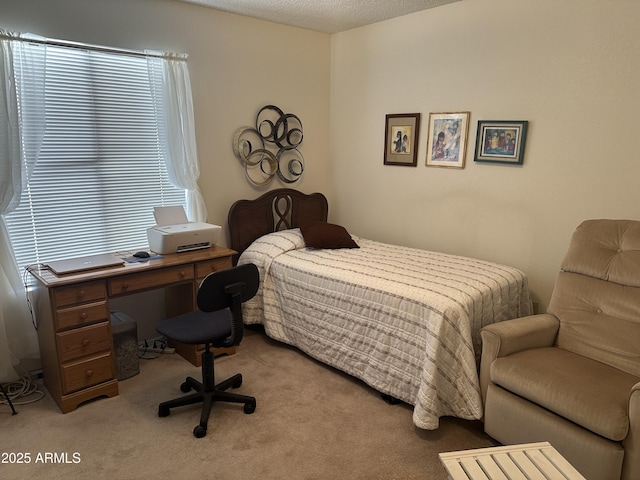 carpeted bedroom with a textured ceiling