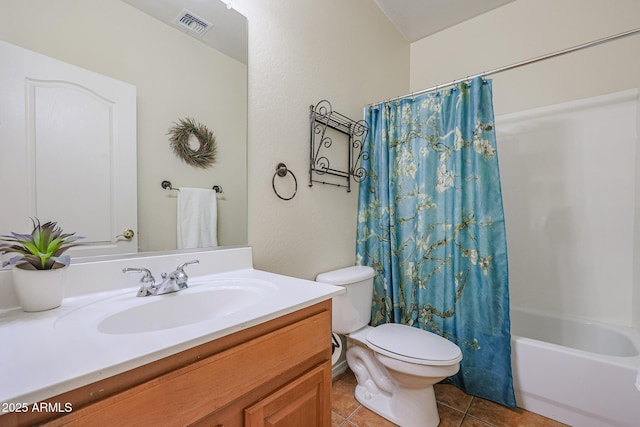 full bathroom featuring shower / bathtub combination with curtain, vanity, tile patterned floors, and toilet