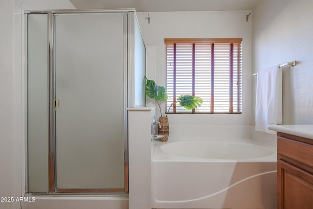 bathroom with vanity and separate shower and tub