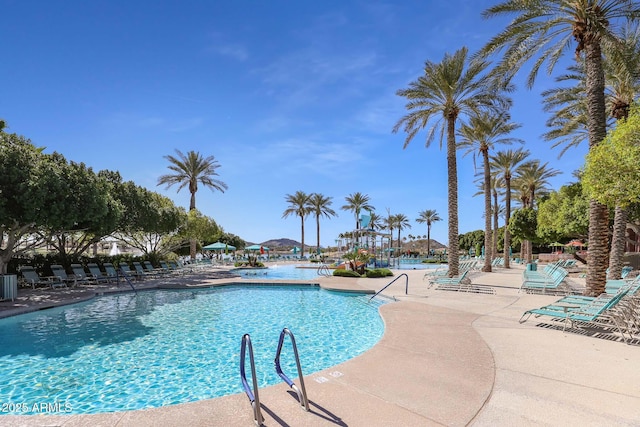 view of swimming pool featuring a patio area