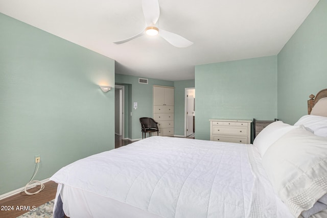 bedroom featuring ceiling fan and wood-type flooring