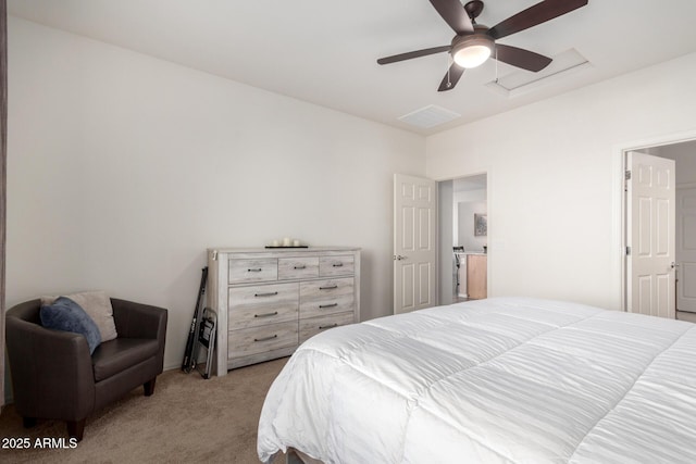 bedroom featuring light carpet and ceiling fan