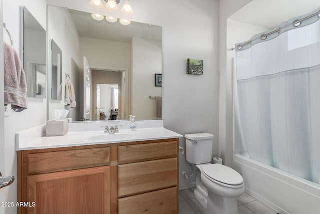 full bathroom with vanity, toilet, tile patterned flooring, and shower / bath combo with shower curtain