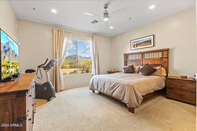 19475 N Grayhawk Dr Unit 1115, Scottsdale, AZ 85255 - bedroom featuring light carpet, recessed lighting, a ceiling fan, and a mountain view