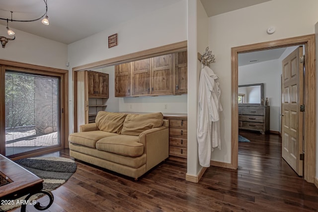 living area featuring dark wood-style floors, baseboards, and a wealth of natural light