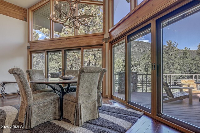 dining space featuring a chandelier, wood-type flooring, a healthy amount of sunlight, and a high ceiling