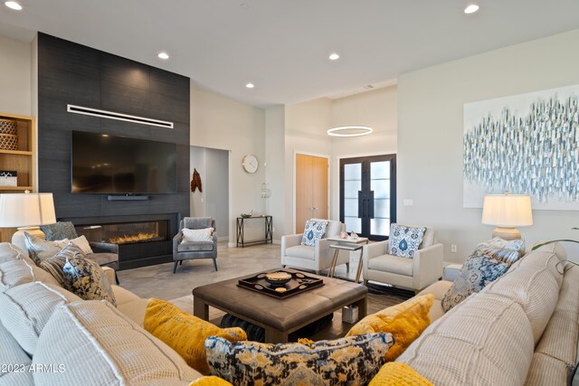 living room with a fireplace