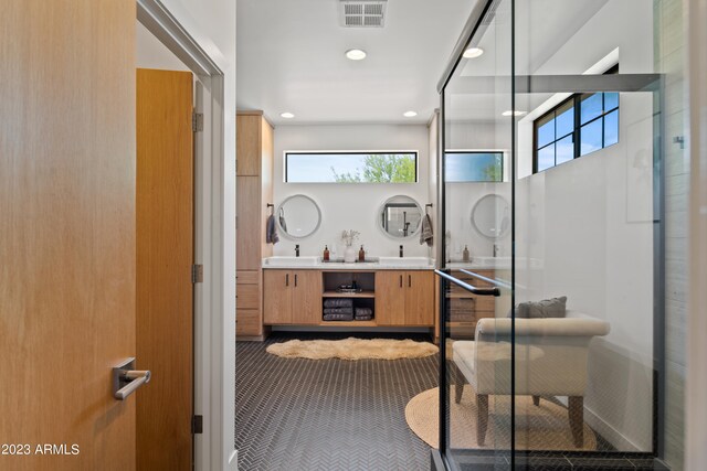 bathroom featuring a healthy amount of sunlight, vanity, and an enclosed shower