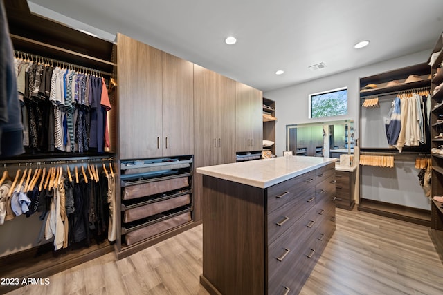 walk in closet with light hardwood / wood-style flooring