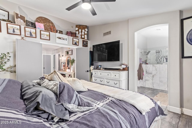 bedroom with vaulted ceiling and ceiling fan