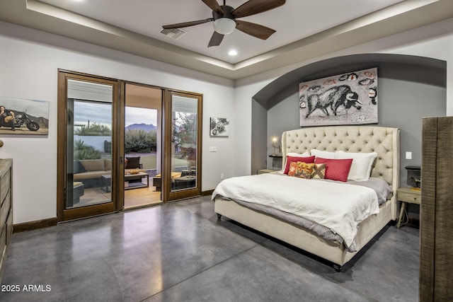 bedroom with access to outside and ceiling fan