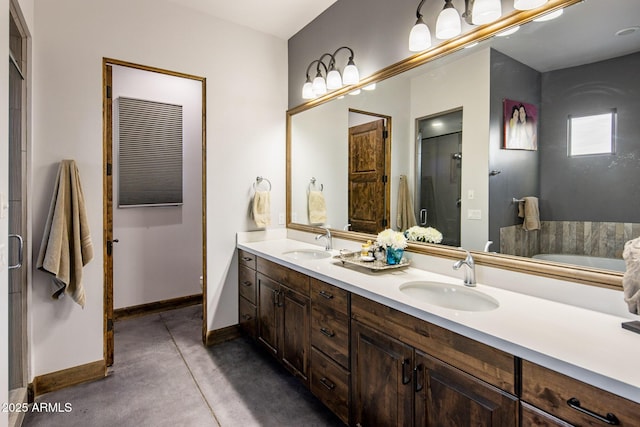 bathroom with plus walk in shower, vanity, and concrete floors