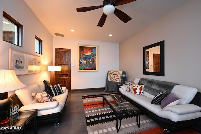 living room featuring ceiling fan