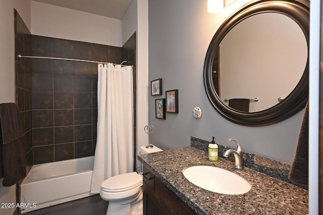 full bathroom featuring vanity, shower / bath combination with curtain, and toilet