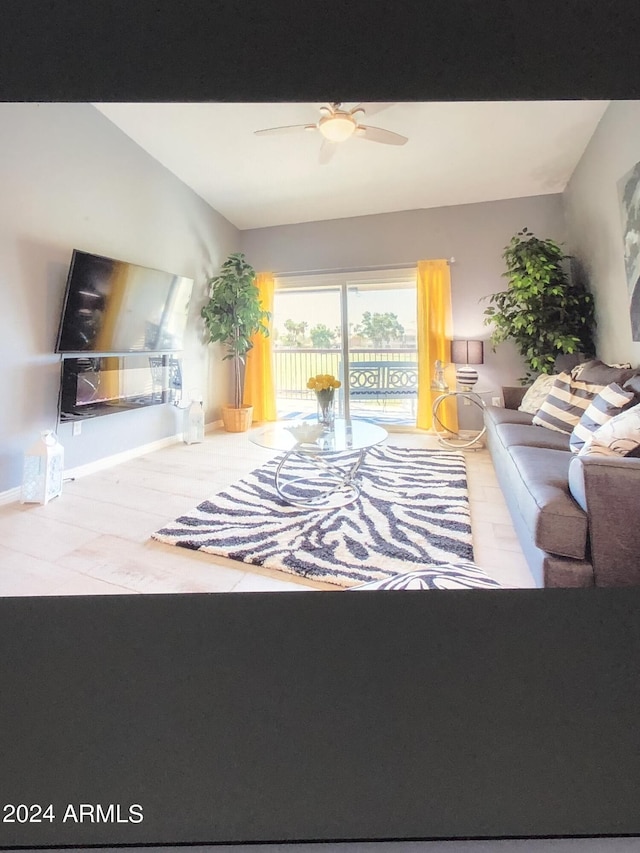 living room featuring ceiling fan and wood-type flooring