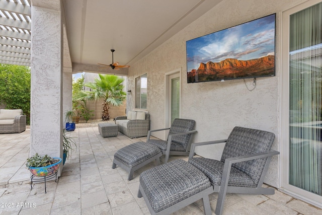 11142 E Ravenna Ave, Mesa, AZ 85212 - fenced backyard with a patio area, a pergola, and ceiling fan