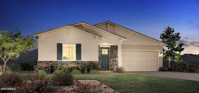 35508 N Tin Ct, San Tan Valley, AZ 85144 - view of front facade with driveway, stone siding, a garage, and a front yard
