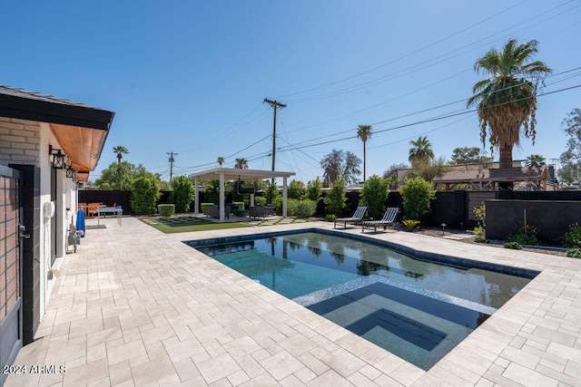 view of pool featuring a patio, a gazebo, and an in ground hot tub