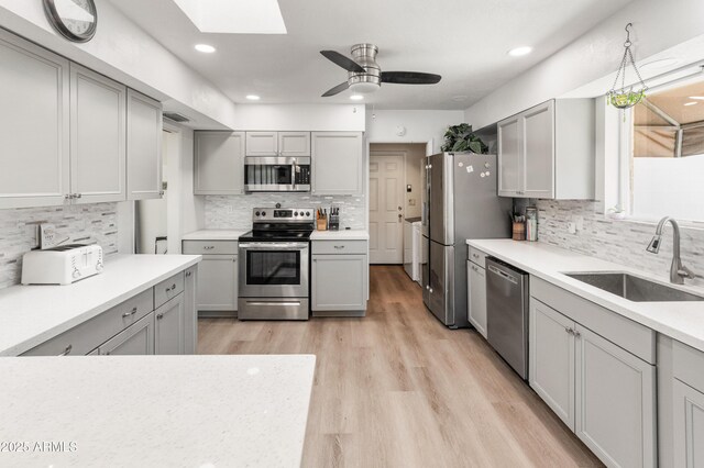 10228 W Concord Ave, Sun City, AZ 85351 - kitchen with stainless steel appliances, a sink, decorative backsplash, a skylight, and recessed lighting