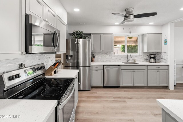 10228 W Concord Ave, Sun City, AZ 85351 - kitchen featuring appliances with stainless steel finishes, a sink, gray cabinetry, tasteful backsplash, and recessed lighting