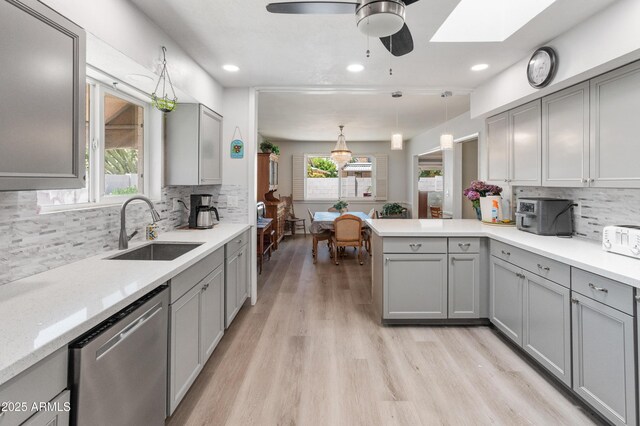 10228 W Concord Ave, Sun City, AZ 85351 - kitchen with stainless steel dishwasher, a sink, gray cabinetry, backsplash, and a skylight