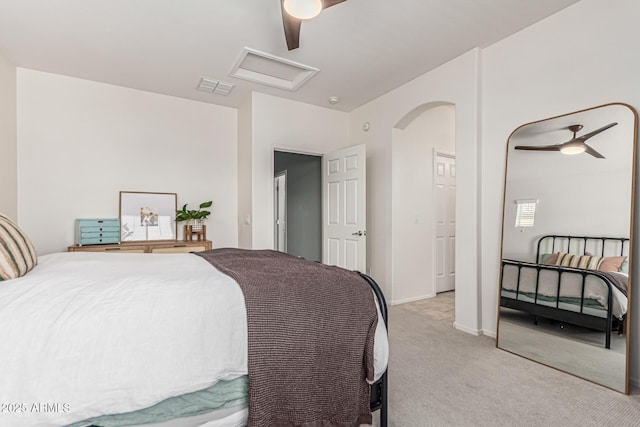 3037 E Hobart St, Gilbert, AZ 85296 - bedroom featuring attic access, light colored carpet, ceiling fan, and arched walkways