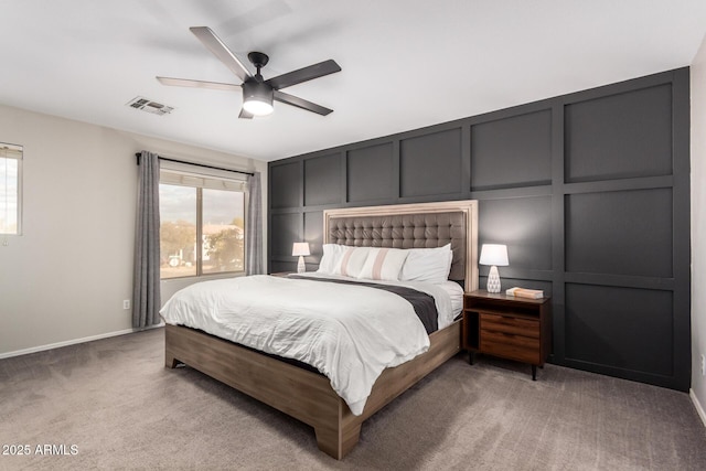 carpeted bedroom with ceiling fan