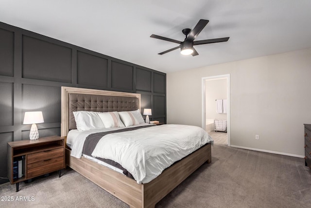 carpeted bedroom featuring ceiling fan and connected bathroom