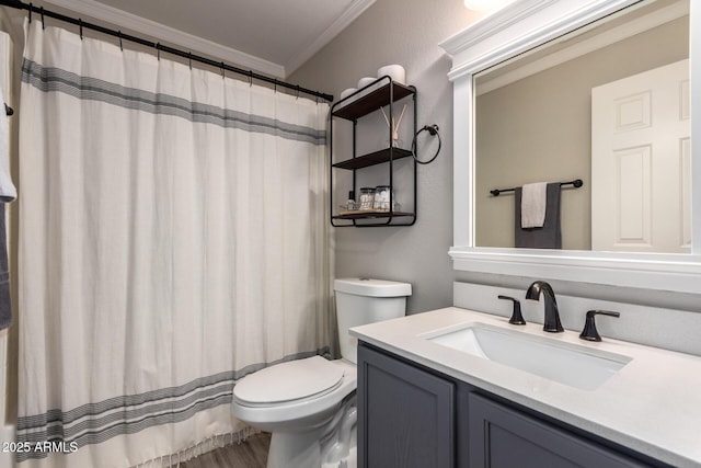 bathroom featuring toilet, hardwood / wood-style floors, crown molding, a shower with curtain, and vanity