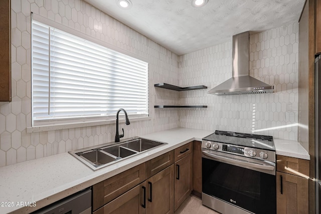 kitchen with backsplash, sink, wall chimney range hood, and stainless steel appliances