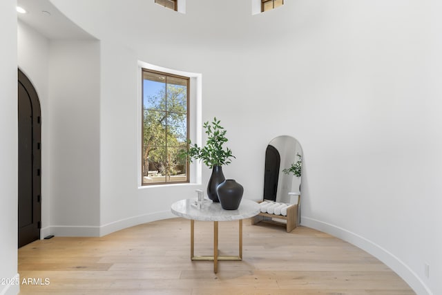 living area featuring arched walkways, baseboards, and light wood-style floors