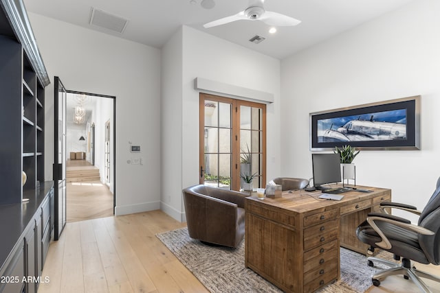 office featuring visible vents, ceiling fan, light wood-style flooring, and baseboards