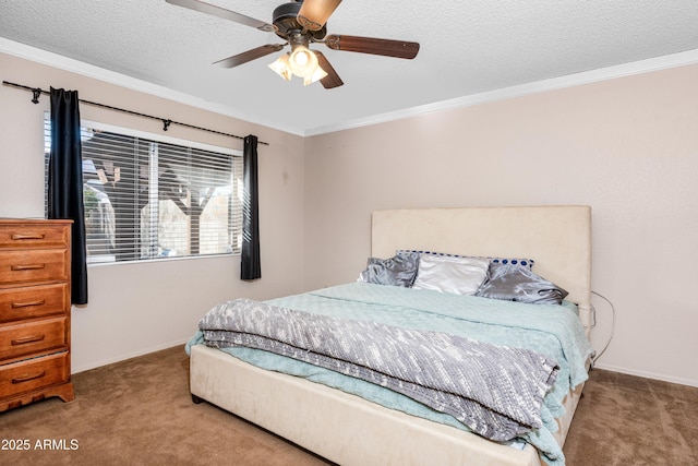 carpeted bedroom featuring crown molding, ceiling fan, and a textured ceiling